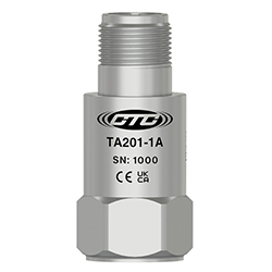 A stainless steel, standard size, top exit TA201 dual output vibration instrument engraved with the CTC Line logo, part number, serial number, and CE and UKCA certification markings.
